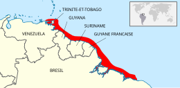 Carte du nord de l'Amérique du Sud, avec en rouge les zones côtières de Trinité-et-Tobago, du Guyana, Suriname, Guyane française et la côte nord du Brésil