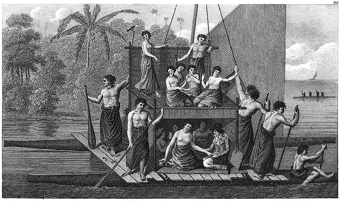 Engraving of a catamaran with a two-level platform atop a planked deck, crowded with bare-chested men and woman and one man in European dress