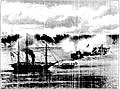 A canhoneira Araguary, comandada por Hoonholtz, incendiando o vapor Marquês de Olinda (Semana Ilustrada, 1865).