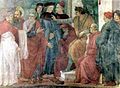 Simon Magul în dispută cu Petru şi Pavel în faţa împăratului Nero. Frescă de Filippino Lippi în basilica Santa Maria del Carmine, Florența
