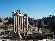 The Temple of Saturn, a religious monument that housed the treasury in ancient Rome Foro romano tempio Saturno 09feb08 01.jpg