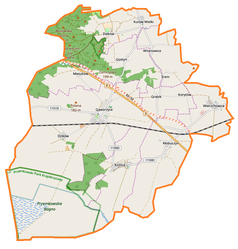 Mapa konturowa gminy Gaworzyce, po prawej znajduje się punkt z opisem „Parafiapw. świętej Jadwigi Śląskiejw Kłobuczynie”