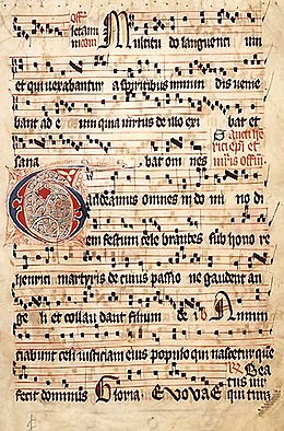 The Introit Gaudeamus omnes, scripted in square notation in the 14th-15th century Graduale Aboense, honors Henry, patron saint of Finland.
.mw-parser-output .side-box{margin:4px 0;box-sizing:border-box;border:1px solid #aaa;font-size:88%;line-height:1.25em;background-color:#f9f9f9;display:flow-root}.mw-parser-output .side-box-abovebelow,.mw-parser-output .side-box-text{padding:0.25em 0.9em}.mw-parser-output .side-box-image{padding:2px 0 2px 0.9em;text-align:center}.mw-parser-output .side-box-imageright{padding:2px 0.9em 2px 0;text-align:center}@media(min-width:500px){.mw-parser-output .side-box-flex{display:flex;align-items:center}.mw-parser-output .side-box-text{flex:1;min-width:0}}@media(min-width:720px){.mw-parser-output .side-box{width:238px}.mw-parser-output .side-box-right{clear:right;float:right;margin-left:1em}.mw-parser-output .side-box-left{margin-right:1em}}
.mw-parser-output .listen .side-box-text{line-height:1.1em}.mw-parser-output .listen-plain{border:none;background:transparent}.mw-parser-output .listen-embedded{width:100%;margin:0;border-width:1px 0 0 0;background:transparent}.mw-parser-output .listen-header{padding:2px}.mw-parser-output .listen-embedded .listen-header{padding:2px 0}.mw-parser-output .listen-file-header{padding:4px 0}.mw-parser-output .listen .description{padding-top:2px}.mw-parser-output .listen .mw-tmh-player{max-width:100%}@media(max-width:719px){.mw-parser-output .listen{clear:both}}@media(min-width:720px){.mw-parser-output .listen:not(.listen-noimage){width:320px}.mw-parser-output .listen-left{overflow:visible;float:left}.mw-parser-output .listen-center{float:none;margin-left:auto;margin-right:auto}}
.mw-parser-output .plainlist ol,.mw-parser-output .plainlist ul{line-height:inherit;list-style:none;margin:0;padding:0}.mw-parser-output .plainlist ol li,.mw-parser-output .plainlist ul li{margin-bottom:0}
Gaudeamus omnes
Problems playing this file? See media help. Graduale Aboense 2.jpg