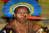 Contemporary indigenous man modeling featherwork and body art, Olinda, Brazil