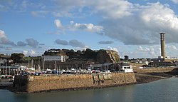 The view of Mount Bingham from St Helier harbour in 2010, with the offices of the Planning Department in the centre