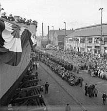 A ship launch at the Toronto shipyards for the 1,000th Canadian ship built during World War II, 1944. Launchingof1000CanadianVessels.jpg