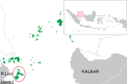 Red Circle is Lingga Islands, south of Riau Archipelago, part of Riau Islands province (green)