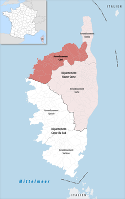 Calvi arrondissementinin Korsika'daki konumu