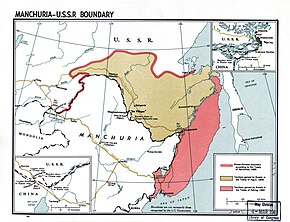 Carte du nord de la Mandchourie, avec en orange les zones acquises par l'Empire russe en 1858 (monts Stanovoï à l'Amour), et en rouge celles acquises en 1860 (le Primorié).