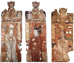 10th century Gaochang Manichaean painted banners "MIK III 6286" and "MIK III 6283", the top is painted with the bright virgin and the seated statue of Jesus, and the lower part is the statue of the Manichean elect. Manichaean Banners.jpg
