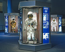 NASA space suits previously worn by the Astronaut Corps at the Johnson Space Center (center, Pete Conrad's suit worn during the 1969 Apollo 12 mission) NASA space suits at JSC.jpg