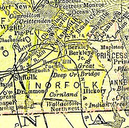 Norfolk County, Virginia (from 1895 map), existed from 1691 to 1963, now extinct Norfolk.jpg