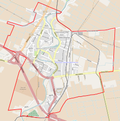 Mapa konturowa Nowego Dworu Gdańskiego, w centrum znajduje się punkt z opisem „Parafia Przemienienia Pańskiego w Nowym Dworze Gdańskim”