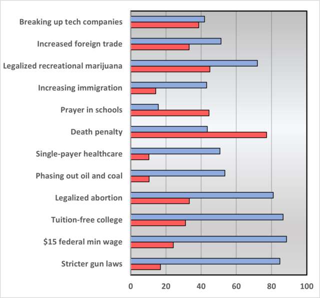 Stricter gun laws, $15 federal minimum wage, and legalized abortion have strong support from liberals. Death penalty has strong support from conservatives and moderate support from liberals. Increasing immigration, single-payer healthcare, and phasing out oil and coal have some support from liberals.  Breaking up tech companies, increased foreign trade, and legalized marijuana have mixed support. Prayer in schools has some conservative support.