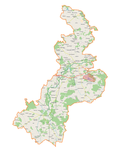 Mapa konturowa powiatu łaskiego, blisko centrum na dole znajduje się punkt z opisem „Stare Kozuby”