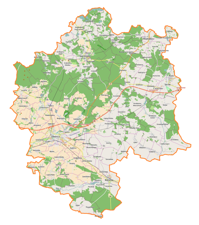 Mapa konturowa powiatu oleśnickiego, na dole znajduje się punkt z opisem „Bierutów”