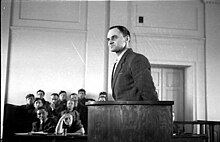 Captain Witold Pilecki, former prisoner at Auschwitz during a show trial conducted by communist authorities in Poland in 1948 Proces Pileckiego 1948-2.jpg