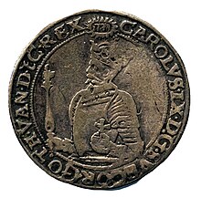 Монета од 1607 година на која е прикажан Чарлс IX со кралската топка и жезло