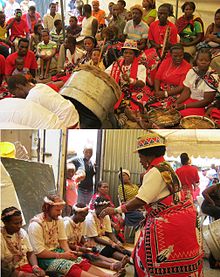 After a successful initiation in Alexandra Township, Johannesburg, Gogo Mashele of the Tshwane Traditional & Faith Healers Forum welcomes new sangomas (including a white thwasa) Sangoma Initiates being greeted and welcomed.jpg