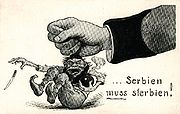 Serbien muss sterbien! ("Serbia must die!"), an Austrian caricature, drawn after the assassination of Archduke Franz Ferdinand of Austria in 1914, depicting Serbia as an ape-like terrorist.