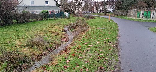 Lauf des Steinbaches mit Wasser an Weihnachten 2020 zwischen In der Römerstadt und Altarm