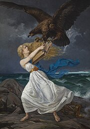 Edvard Isto's painting Attack (1899) symbolizes the beginning of Finland's Russification. The two-headed eagle of Russia is tearing away the law book from the Finnish Maiden's arms. Suomineito.jpg