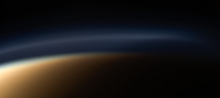 A wide-angle close up view of the halo of Titan's atmosphere. Titan atmosphere Wide angle.png