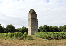 Photographie en couleurs d'une tour en pierre dans une vigne.