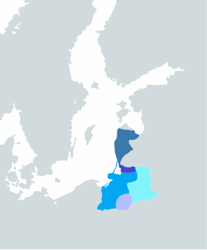 Întinderea limbilor baltice de vest (inclusiv cele contestate) în Europa secolului al XII-lea: Limbile baltice occidentale      curoniană †      prusaca veche †      sudoviană †      scalviană †      galindiana de vest †