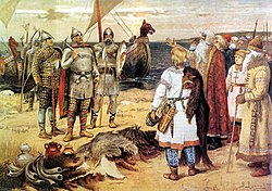 The Invitation of the Varangians by Viktor Vasnetsov: Rurik and his brothers Sineus and Truvor arrive to the lands of Ilmen Slavs. Variagi.jpg
