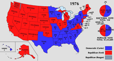 November 2, 1976: Jimmy Carter wins U.S. presidential election over President Gerald Ford 1976 Electoral College Map.png