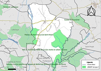 Carte des ZNIEFF de type 1 sur la commune.