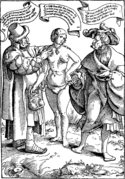 Tysk, satirisk tresnitt fra ca. 1540 av «alfons, ludder og kunde“ viser en hallik med tung pengeveske i beltet, en ung kvinne med kyskhetsbelte og mann med nøkkel.