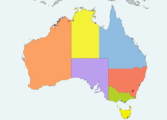 A região do leste da Austrália, no Pacífico, estados de Queensland (em azul) e Nova Gales do Sul (em vermelho pálido), é o habitat da espécie A. velesiana.[2]