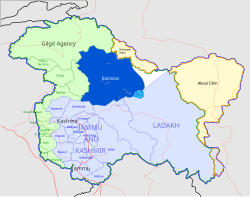 Dark blue: Skardu, Ghanche, Shigar and Kharmang (GB)Light blue: Kargil (J&K);Sky blue: Leh (J&K)