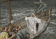 The calming of the storm is recounted in each of the three synoptic gospels, but not in John. Brooklyn Museum - Jesus Stilling the Tempest (Jesus calmant la tempete) - James Tissot - overall.jpg