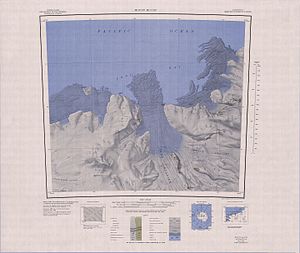 Topografische Karte mit dem Land- und dem Farbo-Gletscher (Mitte unten)