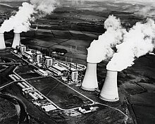 Calder Hall, United Kingdom - The world's first industrial-scale nuclear power station. The four reactors have two shared turbine halls between 1 & 2 and between 3 & 4. Calder Hall nuclear power station (11823864155).jpg