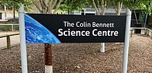 Sign outside Clevedon School Science Block with new name as the Colin Bennett Science Centre taken in 2021