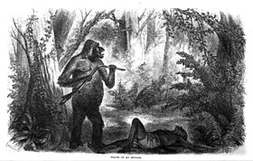 Drawing of a gorilla who has killed a hunter and destroyed his shotgun, as narrated by Paul Du Chaillu, 1861 Death of my hunter.jpg