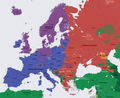 Les cultures religieuses. Bleu : christianisme catholique. Rouge : christianisme orthodoxe. Violet : christianisme protestant. Vert clair : islam sunnite. Vert sombre : islam chiite. Jaune : judaïsme. Orange : bouddhisme.