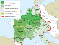 Frankish Empire in the 5th to the 9th century and a map showing Charlemagne's additions (in light green) to the Frankish Kingdom, including Septimania Frankish Empire 481 to 814-en.svg