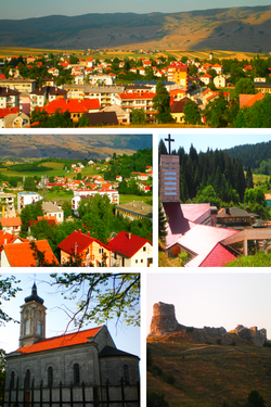 From upper left: Panoramic view of Glamoč, panoramic view of Lamele and Luke neighbourhood, Catholic church of Saint Elias, Orthodox church, Fortress