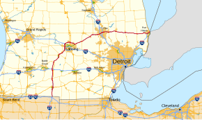 I-69 runs northward from Indiana to the Lansing area and then curves eastward to Port Huron, forming an arc in the Lower Peninsula of Michigan