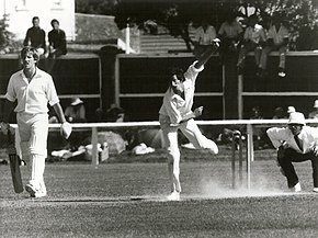 Richard Hadlee bowling. Botham at non-strikers end, Wellington