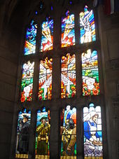 One of the stained glass windows at the tower InsideSoldiersTower.jpg