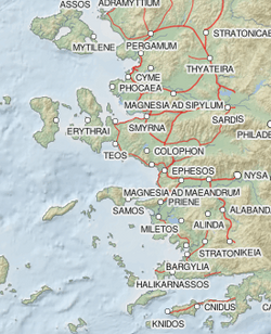 Південно-західна частина узбережжя Малої Азії, Ефес знаходиться по центру мапи