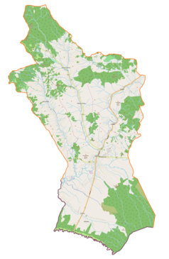 Mapa konturowa gminy Jabłonka, blisko centrum na prawo znajduje się punkt z opisem „Parafia Przemienienia Pańskiego”