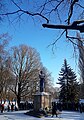 The statue of Kalevipoeg decorated with a blue and white scarf during the celebration of the 100th Anniversary of the Estonian Republic on the morning of February 24, 2018