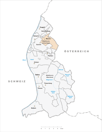 Lage der Gemeinde Mauren (Liechtenstein) im Fürstentum Liechtenstein (anklickbare Karte)